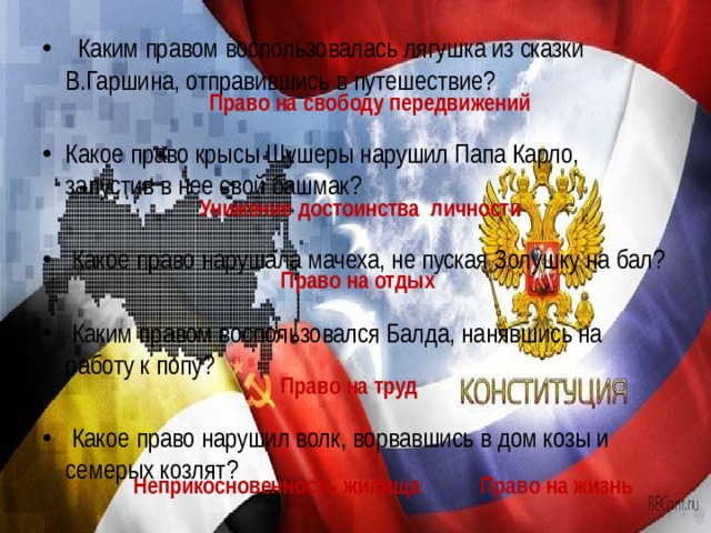  Каким правом воспользовалась лягушка из сказки В.Гаршина, отправившись в путешествие? Какое право крысы Шушеры нарушил Папа Карло, запустив в нее свой башмак?   Какое право нарушала мачеха, не пуская Золушку на бал?   Каким правом воспользовался Балда, нанявшись на работу к попу?   Какое право нарушил волк, ворвавшись в дом козы и семерых козлят? Право на свободу передвижений Унижение достоинства  личности Право на отдых Право на труд Неприкосновенность жилища Право на жизнь 