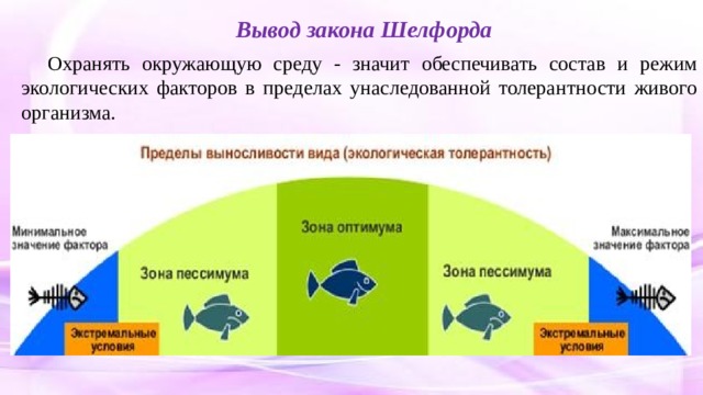 Вывод закона Шелфорда Охранять окружающую среду - значит обеспечивать состав и режим экологических факторов в пределах унаследованной толерантности живого организма. 