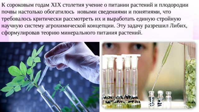 К сороковым годам XIX столетия учение о питании растений и плодородии почвы настолько обогатилось новыми сведениями и понятиями, что требовалось критически рассмотреть их и выработать единую стройную научную систему агрохимической концепции. Эту задачу разрешил Либих, сформулировав теорию минерального питания растений. 