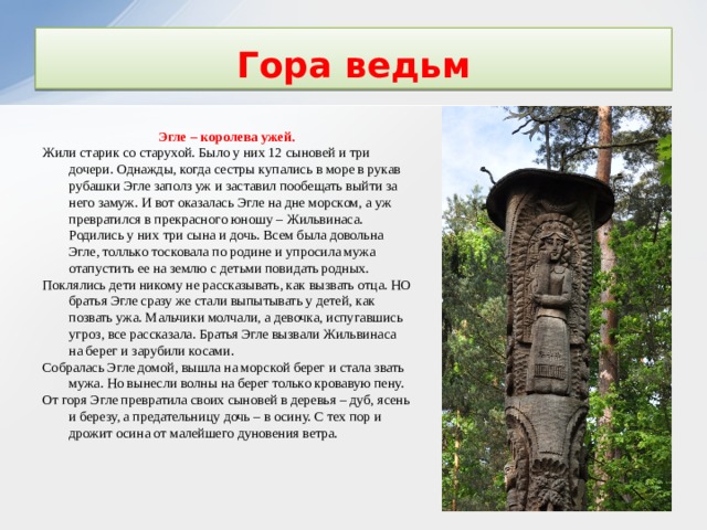 Гора ведьм Эгле – королева ужей. Жили старик со старухой. Было у них 12 сыновей и три дочери. Однажды, когда сестры купались в море в рукав рубашки Эгле заполз уж и заставил пообещать выйти за него замуж. И вот оказалась Эгле на дне морском, а уж превратился в прекрасного юношу – Жильвинаса. Родились у них три сына и дочь. Всем была довольна Эгле, толлько тосковала по родине и упросила мужа отапустить ее на землю с детьми повидать родных. Поклялись дети никому не рассказывать, как вызвать отца. НО братья Эгле сразу же стали выпытывать у детей, как позвать ужа. Мальчики молчали, а девочка, испугавшись угроз, все рассказала. Братья Эгле вызвали Жильвинаса на берег и зарубили косами. Собралась Эгле домой, вышла на морской берег и стала звать мужа. Но вынесли волны на берег только кровавую пену. От горя Эгле превратила своих сыновей в деревья – дуб, ясень и березу, а предательницу дочь – в осину. С тех пор и дрожит осина от малейшего дуновения ветра.  