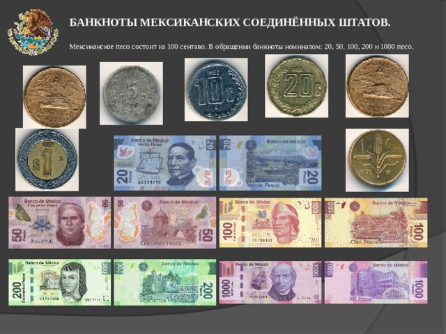 БАНКНОТЫ МЕКСИКАНСКИХ СОЕДИНЁННЫХ ШТАТОВ. Мексиканское песо состоит из 100 сентаво. В обращении банкноты номиналом: 20, 50, 100, 200 и 1000 песо. 