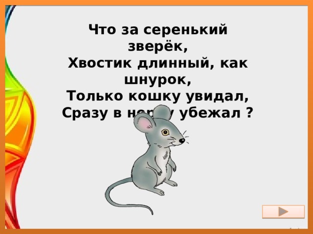 Что за серенький зверёк,  Хвостик длинный, как шнурок,  Только кошку увидал,  Сразу в норку убежал ? 