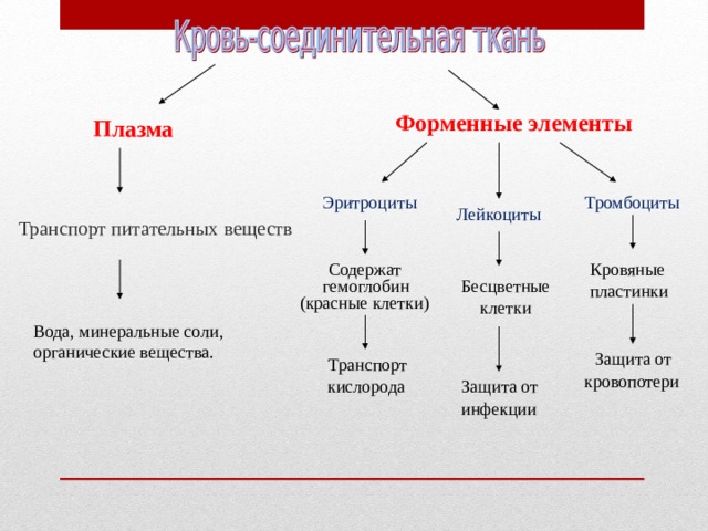 Форменные  элементы Плазма Эритроциты Тромбоциты Лейкоциты Транспорт питательных веществ Содержат Кровяные пластинки гемоглобин Бесцветные клетки (красные клетки) Вода, минеральные соли, органические вещества. Защита от Транспорт кровопотери кислорода Защита от инфекции  