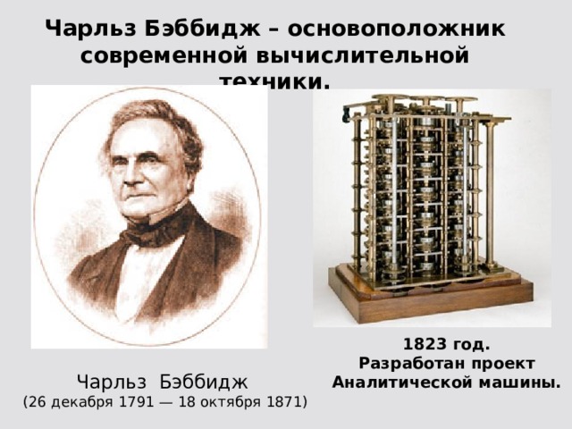 Чарльз Бэббидж – основоположник современной вычислительной техники. 1823 год. Разработан проект Аналитической машины. Чарльз Бэббидж  (26 декабря 1791 — 18 октября 1871) 