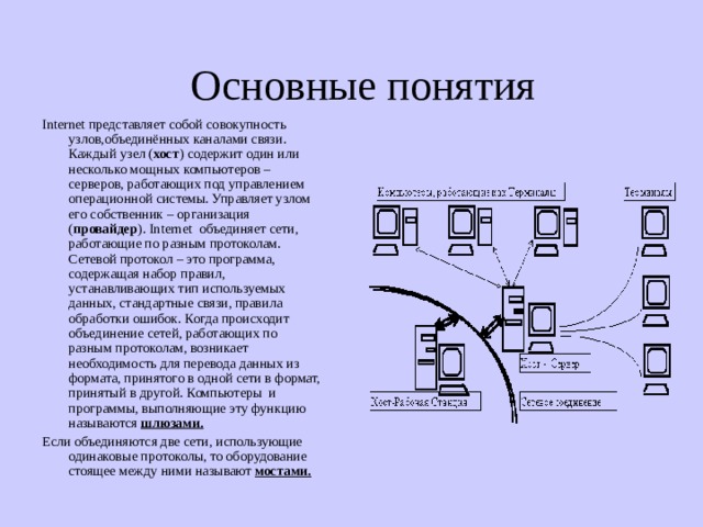 Основные понятия Internet представляет собой совокупность узлов,объединённых каналами связи. Каждый узел ( хост ) содержит один или несколько мощных компьютеров – серверов, работающих под управлением операционной системы. Управляет узлом его собственник – организация ( провайдер ). Internet объединяет сети, работающие по разным протоколам. Сетевой протокол – это программа, содержащая набор правил, устанавливающих тип используемых данных, стандартные связи, правила обработки ошибок. Когда происходит объединение сетей, работающих по разным протоколам, возникает необходимость для перевода данных из формата, принятого в одной сети в формат, принятый в другой. Компьютеры и программы, выполняющие эту функцию называются шлюзами. Если объединяются две сети, использующие одинаковые протоколы, то оборудование стоящее между ними называют мостами.    