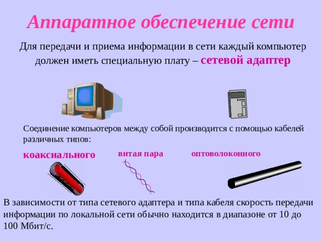 Аппаратное обеспечение сети Для передачи и приема информации в сети каждый компьютер должен иметь специальную плату – сетевой адаптер Соединение компьютеров между собой производится с помощью кабелей различных типов: коаксиального витая пара оптоволоконного В зависимости от типа сетевого адаптера и типа кабеля скорость передачи информации по локальной сети обычно находится в диапазоне от 10 до 100 Мбит /c . 