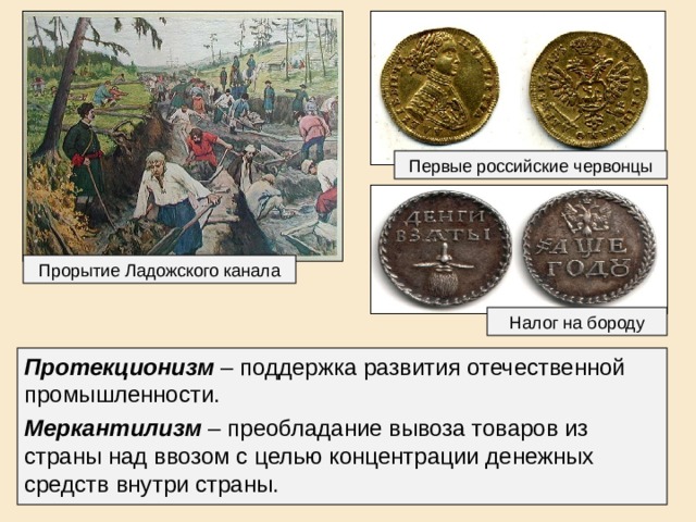 Первые российские червонцы Прорытие Ладожского канала Налог на бороду Протекционизм – поддержка развития отечественной промышленности. Меркантилизм – преобладание вывоза товаров из страны над ввозом с целью концентрации денежных средств внутри страны. 