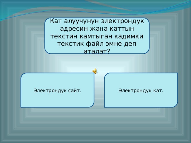 Кат алуучунун электрондук адресин жана каттын текстин камтыган кадимки текстик файл эмне деп аталат? Электрондук сайт. Электрондук кат. Түзгөн: Кайымов Шайырбек  