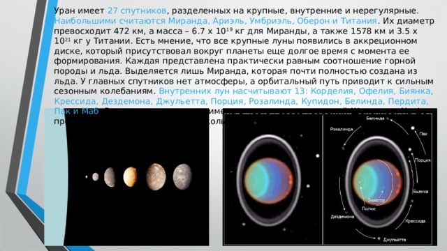 Уран имеет 27 спутников , разделенных на крупные, внутренние и нерегулярные. Наибольшими считаются Миранда, Ариэль, Умбриэль, Оберон и Титания . Их диаметр превосходит 472 км, а масса – 6.7 х 10 19  кг для Миранды, а также 1578 км и 3.5 х 10 21  кг у Титании. Есть мнение, что все крупные луны появились в аккреционном диске, который присутствовал вокруг планеты еще долгое время с момента ее формирования. Каждая представлена практически равным соотношение горной породы и льда. Выделяется лишь Миранда, которая почти полностью создана из льда. У главных спутников нет атмосферы, а орбитальный путь приводит к сильным сезонным колебаниям. Внутренних лун насчитывают 13: Корделия, Офелия, Биянка, Крессида, Дездемона, Джульетта, Порция, Розалинда, Купидон, Белинда, Пердита, Пак и Маб . Все они получили свои имена в честь героев творений Шекспира. На фото продемонстрированы спутники и кольца Урана. 