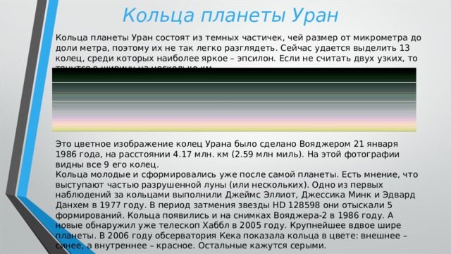 Кольца планеты Уран  Кольца планеты Уран состоят из темных частичек, чей размер от микрометра до доли метра, поэтому их не так легко разглядеть. Сейчас удается выделить 13 колец, среди которых наиболее яркое – эпсилон. Если не считать двух узких, то тянутся в ширину на несколько км. Это цветное изображение колец Урана было сделано Вояджером 21 января 1986 года, на расстоянии 4.17 млн. км (2.59 млн миль). На этой фотографии видны все 9 его колец. Кольца молодые и сформировались уже после самой планеты. Есть мнение, что выступают частью разрушенной луны (или нескольких). Одно из первых наблюдений за кольцами выполнили Джеймс Эллиот, Джессика Минк и Эдвард Данхем в 1977 году. В период затмения звезды HD 128598 они отыскали 5 формирований. Кольца появились и на снимках Вояджера-2 в 1986 году. А новые обнаружил уже телескоп Хаббл в 2005 году. Крупнейшее вдвое шире планеты. В 2006 году обсерватория Кека показала кольца в цвете: внешнее – синее, а внутреннее – красное. Остальные кажутся серыми. 