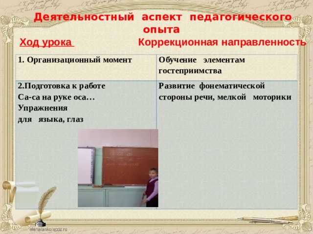  Деятельностный аспект педагогического опыта  Ход урока Коррекционная направленность 1. Организационный момент Обучение элементам гостеприимства 2.Подготовка к работе Са-са на руке оса… Упражнения для языка, глаз   Развитие фонематическ ой сторон ы речи, мелк ой моторик и  