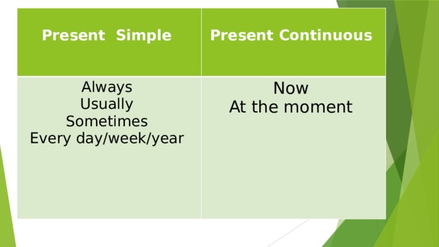  Present Simple  Always Present Continuous Usually Now At the moment Sometimes Every day/week/year 