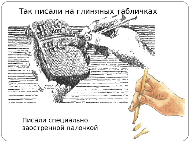 Так писали на глиняных табличках Писали специально заостренной палочкой 