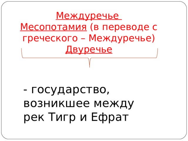 Междуречье Месопотамия (в переводе с греческого – Междуречье) Двуречье - государство, возникшее между рек Тигр и Ефрат 