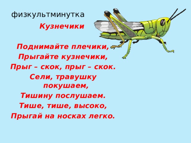 физкультминутка Кузнечики  Поднимайте плечики, Прыгайте кузнечики, Прыг – скок, прыг – скок. Сели, травушку покушаем, Тишину послушаем. Тише, тише, высоко, Прыгай на носках легко. 