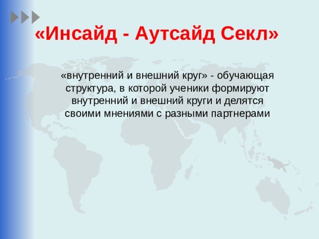 «Инсайд - Аутсайд Секл»   «внутренний и внешний круг» - обучающая структура, в которой ученики формируют внутренний и внешний круги и делятся своими мнениями с разными партнерами 