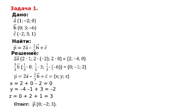 Задача 1. Дано: Найти :  Решение : х = 2 + 0 – 2 = 0 у = – 4 – 1  +  3 = – 2 z = 0 + 2 + 1 = 3 