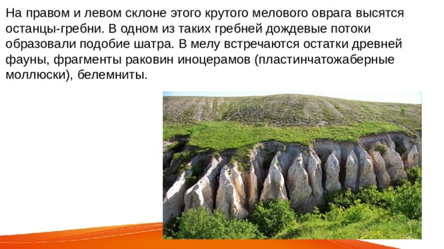 На правом и левом склоне этого крутого мелового оврага высятся останцы-гребни. В одном из таких гребней дождевые потоки образовали подобие шатра. В мелу встречаются остатки древней фауны, фрагменты раковин иноцерамов (пластинчатожаберные моллюски), белемниты. 