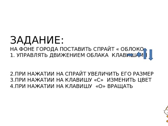 ЗАДАНИЕ:  НА ФОНЕ ГОРОДА ПОСТАВИТЬ СПРАЙТ « ОБЛОКО»  1. УПРАВЛЯТЬ ДВИЖЕНИЕМ ОБЛАКА КЛАВИШАМИ :    2.ПРИ НАЖАТИИ НА СПРАЙТ УВЕЛИЧИТЬ ЕГО РАЗМЕР  3.ПРИ НАЖАТИИ НА КЛАВИШУ «С» ИЗМЕНИТЬ ЦВЕТ  4.ПРИ НАЖАТИИ НА КЛАВИШУ «О» ВРАЩАТЬ 