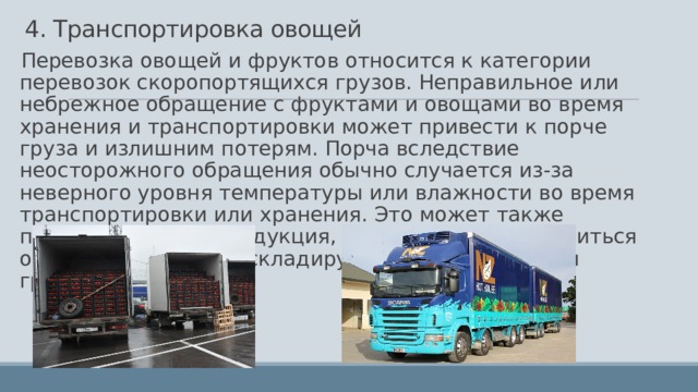 4. Транспортировка овощей Перевозка овощей и фруктов относится к категории перевозок скоропортящихся грузов. Неправильное или небрежное обращение с фруктами и овощами во время хранения и транспортировки может привести к порче груза и излишним потерям. Порча вследствие неосторожного обращения обычно случается из-за неверного уровня температуры или влажности во время транспортировки или хранения. Это может также произойти, когда продукция, которая должна храниться отдельно, ошибочно складируется вместе с другим грузом. 