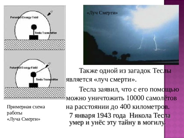 «Луч Смерти»   Также одной из загадок Теслы является «луч смерти».   Тесла заявил, что с его помощью можно уничтожить 10000 самолётов на расстоянии до 400 километров. Примерная схема работы «Луча Смерти» 7 января 1943 года Никола Тесла умер и унёс эту тайну в могилу. 