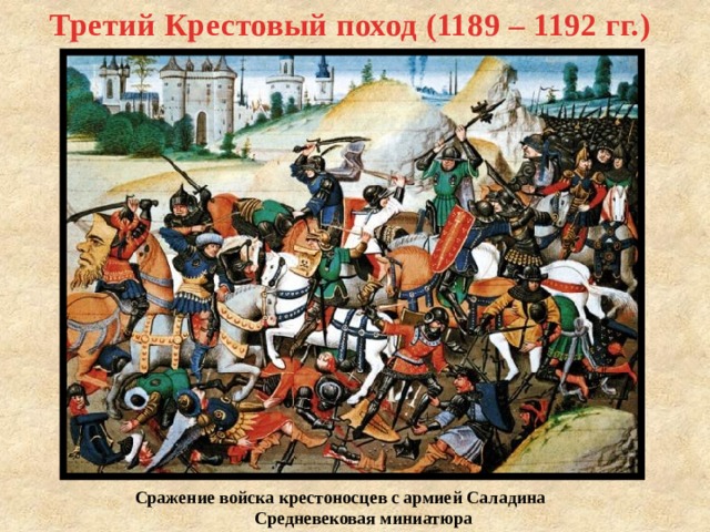 Третий Крестовый поход (1189 – 1192 гг.) Сражение войска крестоносцев с армией Саладина Средневековая миниатюра 