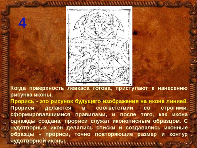 4 Когда поверхность левкаса готова, приступают к нанесению рисунка иконы. Прорись - это рисунок будущего изображения на иконе линией. Прориси делаются в соответствии со строгими, сформировавшимися правилами, и после того, как икона однажды создана, прориси служат иконописным образцом. С чудотворных икон делались списки и создавались иконные образцы - прориси, точно повторяющие размер и контур чудотворной иконы. 