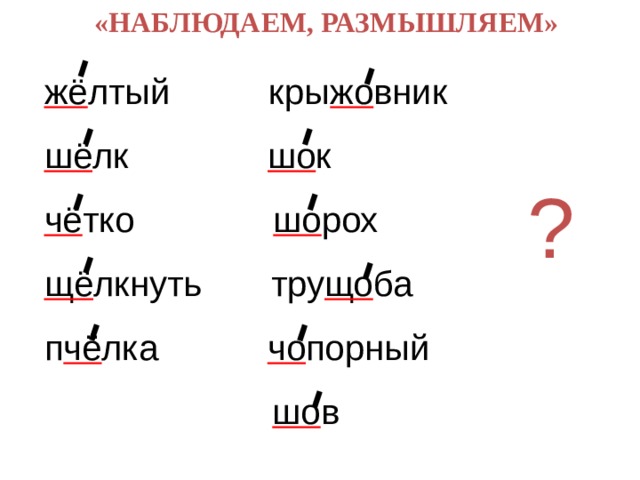  «НАБЛЮДАЕМ, РАЗМЫШЛЯЕМ» жё лтый кры жо вник  шё лк шо к  чё тко шо рох  щё лкнуть тру що ба  п чё лка чо порный   шо в ? 