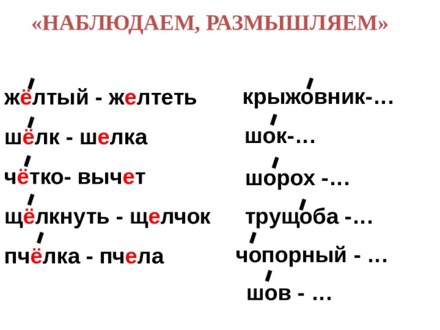 «НАБЛЮДАЕМ, РАЗМЫШЛЯЕМ» ж ё лтый - ж е лтеть  ш ё лк - ш е лка  ч ё тко- выч е т  щ ё лкнуть - щ е лчок  пч ё лка - пч е ла крыжовник-… шок-… шорох -… трущоба -… чопорный - … шов - … 