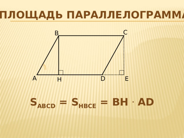 Площадь параллелограмма В С А Е Н D S ABCD = S HBCE = BH . AD 