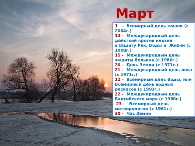 Март 1   -  Всемирный день кошек (с 2004г.)  14  -  Международный день действий против плотин в защиту Рек, Воды и Жизни (с 1998г.) 15  -  Международный день защиты бельков (с 1986г.)  20  -  День Земли (с 1971г.)  21  -  Международный день леса (с 1971г.)  22  -  Всемирный день Воды, или Всемирный день водных ресурсов (с 1993г.) 22  -  Международный день Балтийского моря (с 1986г.)   23  -   Всемирный день метеорологии (с 1961г.)  30  -  Час Земли   