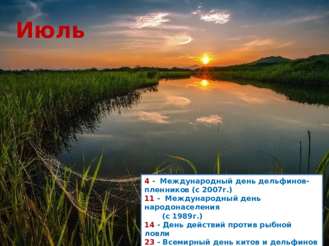 Июль 4  -  Международный день дельфинов-пленников (с 2007г.)  11  -  Международный день народонаселения         (с 1989г.)  14  - День действий против рыбной ловли  23  - Всемирный день китов и дельфинов          (с 1986г.)    