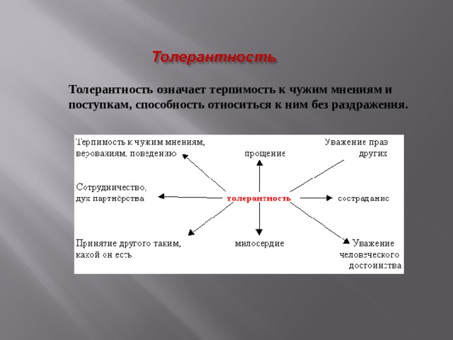 Толерантность означает терпимость к чужим мнениям и поступкам, способность относиться к ним без раздражения. 