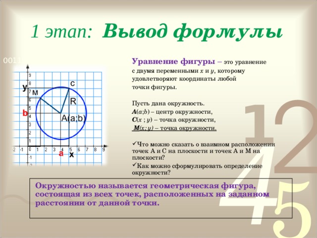 1 этап: Вывод формулы Уравнение фигуры – это уравнение с двумя переменными х и у , которому удовлетворяют координаты любой точки фигуры. Пусть дана окружность. А ( а ; b ) – центр окружности, С ( х ; у ) – точка окружности,  М (х; у) – точка окружности.  Что можно сказать о взаимном расположении точек А и С на плоскости и точек А и М на плоскости? Как можно сформулировать определение окружности?  Окружностью называется геометрическая фигура, состоящая из всех точек, расположенных на заданном расстоянии от данной точки. 