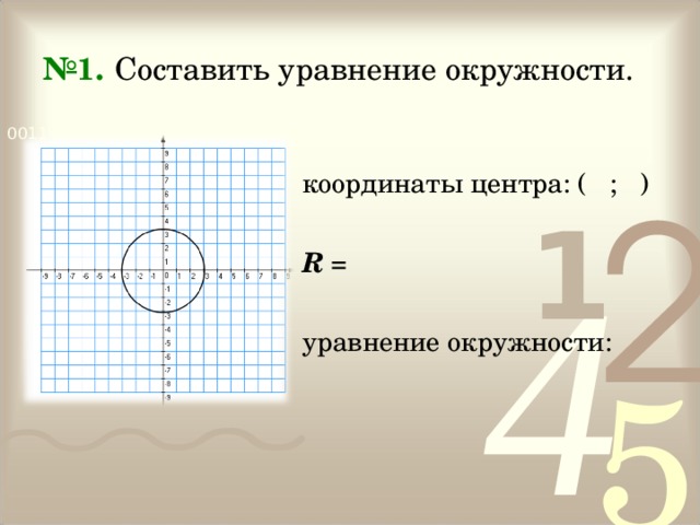 № 1.  Составить уравнение окружности. координаты центра: ( ; ) R = уравнение окружности: 