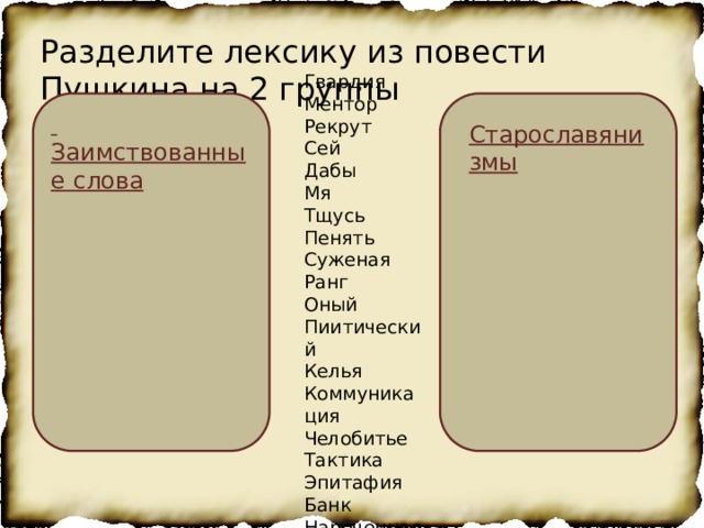 Разделите лексику из повести Пушкина на 2 группы Гвардия Ментор Рекрут Сей Дабы Мя Тщусь Пенять Суженая Ранг Оный Пиитический Келья Коммуникация Челобитье Тактика Эпитафия Банк Нареченная  Заимствованные слова Старославянизмы  