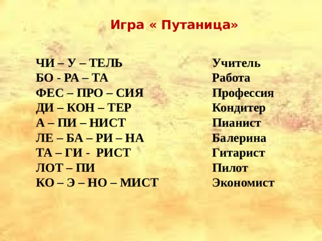  Игра « Путаница» ЧИ – У – ТЕЛЬ Учитель БО - РА – ТА Работа Профессия ФЕС – ПРО – СИЯ ДИ – КОН – ТЕР Кондитер А – ПИ – НИСТ Пианист Балерина ЛЕ – БА – РИ – НА ТА – ГИ - РИСТ Гитарист ЛОТ – ПИ Пилот Экономист КО – Э – НО – МИСТ   