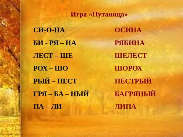 Игра «Путаница» ОСИНА СИ-О-НА БИ - РЯ – НА РЯБИНА ЛЕСТ – ШЕ ШЕЛЕСТ ШОРОХ РОХ – ШО РЫЙ – ПЕСТ ПЁСТРЫЙ ГРЯ – БА – НЫЙ БАГРЯНЫЙ ПА – ЛИ ЛИПА  
