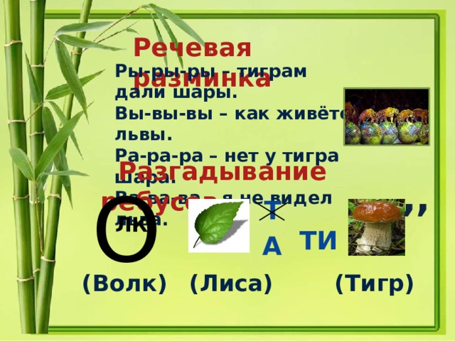 Речевая разминка  Ры-ры-ры – тиграм дали шары. Вы-вы-вы – как живёте львы. Ра-ра-ра – нет у тигра шара. Ва-ва-ва – я не видел льва.  Разгадывание ребусов  О ,, Т  ТИ ЛК А (Волк) (Лиса) (Тигр)  