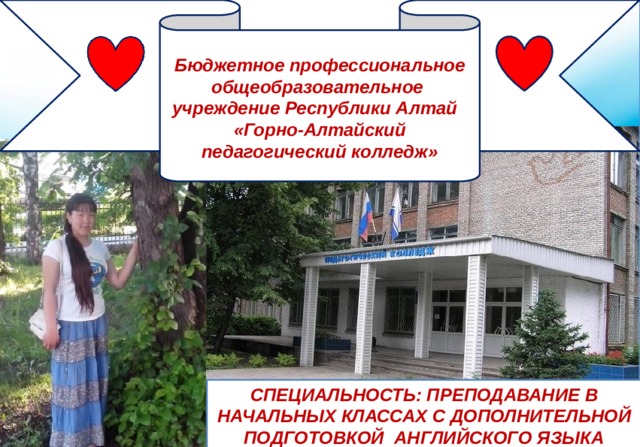 Бюджетное профессиональное общеобразовательное учреждение Республики Алтай  «Горно-Алтайский педагогический колледж»   СПЕЦИАЛЬНОСТЬ: ПРЕПОДАВАНИЕ В НАЧАЛЬНЫХ КЛАССАХ С ДОПОЛНИТЕЛЬНОЙ ПОДГОТОВКОЙ АНГЛИЙСКОГО ЯЗЫКА 