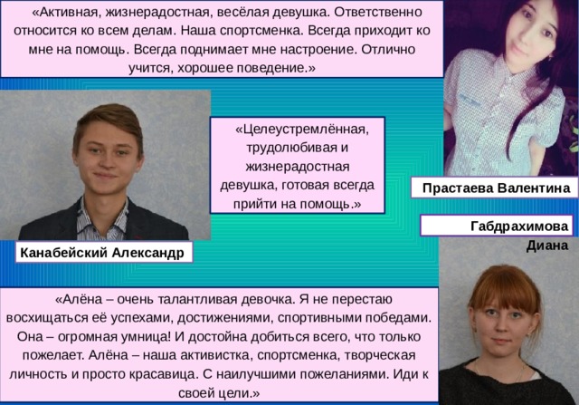 «Активная, жизнерадостная, весёлая девушка. Ответственно относится ко всем делам. Наша спортсменка. Всегда приходит ко мне на помощь. Всегда поднимает мне настроение. Отлично учится, хорошее поведение.» «Целеустремлённая, трудолюбивая и жизнерадостная девушка, готовая всегда прийти на помощь.»  Прастаева Валентина Габдрахимова Диана Канабейский Александр «Алёна – очень талантливая девочка. Я не перестаю восхищаться её успехами, достижениями, спортивными победами. Она – огромная умница! И достойна добиться всего, что только пожелает. Алёна – наша активистка, спортсменка, творческая личность и просто красавица. С наилучшими пожеланиями. Иди к своей цели.» 