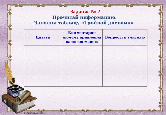  Задание № 2 Прочитай информацию. Заполни таблицу «Тройной дневник». Цитата Комментарии   /почему привлекла ваше внимание/ Вопросы к учителю             