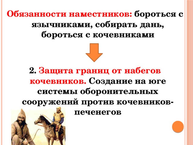 Обязанности наместников: бороться с язычниками, собирать дань, бороться с кочевниками   2. Защита границ от набегов кочевников. Создание на юге системы оборонительных сооружений против кочевников-печенегов  