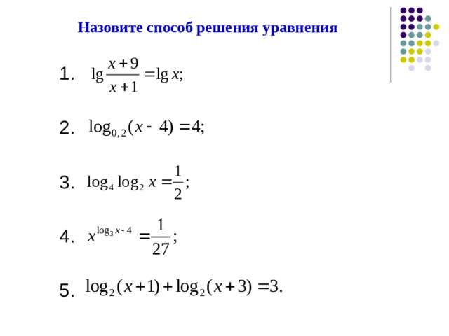 Назовите способ решения уравнения 1. 2. 3. 4. 5. 