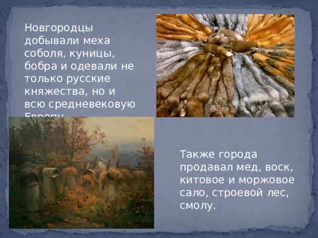 Новгородцы добывали меха соболя, куницы, бобра и одевали не только русские княжества, но и всю средневековую Европу. Также города продавал мед, воск, китовое и моржовое сало, строевой лес, смолу. 