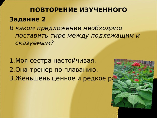 ПОВТОРЕНИЕ ИЗУЧЕННОГО Задание 2 В каком предложении необходимо поставить тире между подлежащим и сказуемым?  Моя сестра настойчивая. Она тренер по плаванию. Женьшень ценное и редкое растение. 