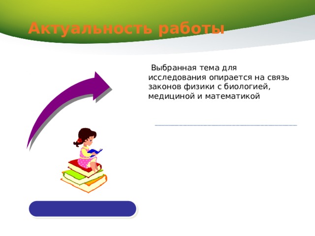 Актуальность работы  Выбранная тема для исследования опирается на связь законов физики с биологией, медициной и математикой 