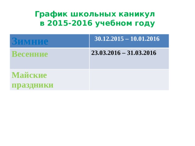 График школьных каникул   в 2015-2016 учебном году Зимние    30.12.2015 – 10.01.2016 Весенние      23.03.2016 – 31.03.2016 Майские  праздники  