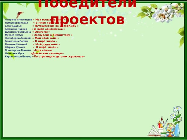 Победители проектов Лавренюк Ростислав « Моя малая Родина « Немоляев Михаил « В мире профессий » Бабич Дарья « Путешествие по СуперКиду » Архипова Таисия « В мире орнаментов » Дубаневич Марьяна « Оригами » Мусаев Тимур « Экскурсия в библиотеку » Никифоров Алексей « Мой папа воин » Балахнина София « В мире чисел » Яковлев Николай « Мой дядя воин » Ширяев Руслан « В мире чисел » Поликарпов Максим  «Моя семья» Нальгиев Муса «Домашние питомцы» Кирпичников Виктор «По страницам детских журналов»                  