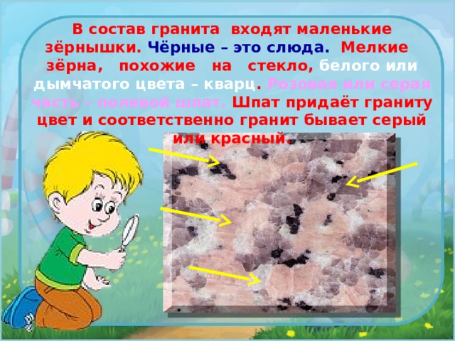 В состав гранита входят маленькие зёрнышки. Чёрные – это слюда. Мелкие зёрна, похожие на стекло, белого или дымчатого цвета – кварц . Розовая или серая часть – полевой шпат. Шпат придаёт граниту цвет и соответственно гранит бывает серый или красный. 